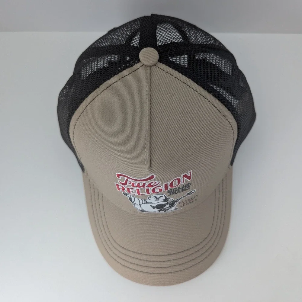 True Religion Buddha Embroidered Trucker‎ Hat Travertine Tan Black TR4241 NWT